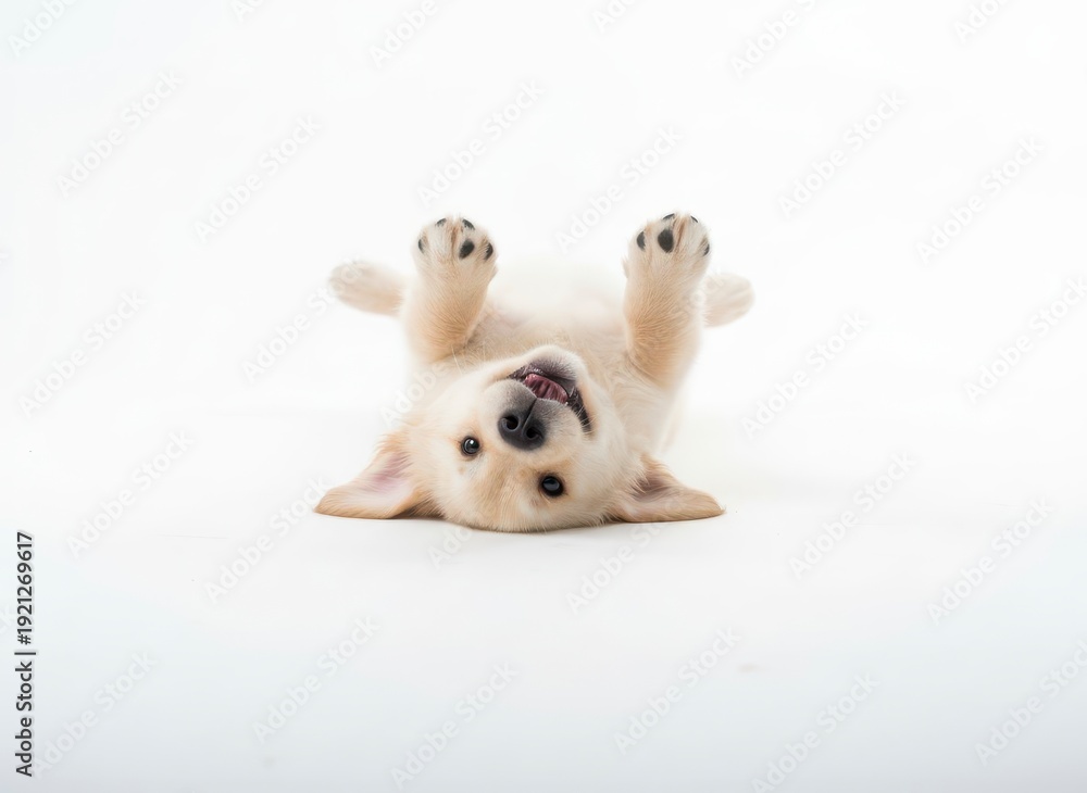 Obraz premium Adorable white puppy lying on back with paws up, playful expression on face