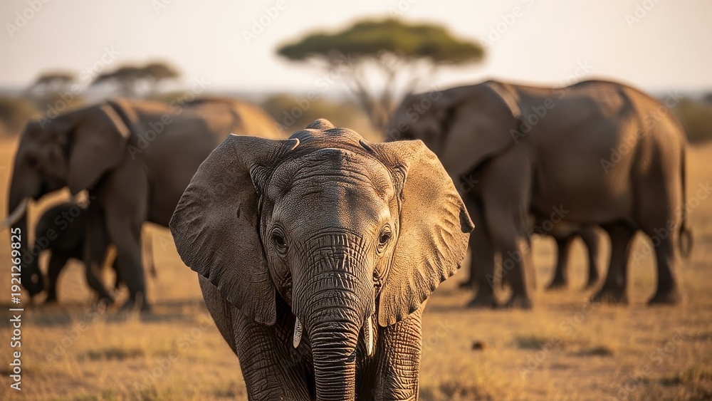 Fototapeta premium An African elephant family walks through a savanna at sunset, with a calf and acacia trees in the background.