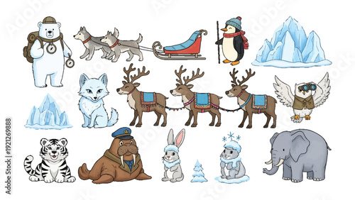 Winter Wonderland Animals: A whimsical illustration showcasing a variety of adorable arctic animals ready to embark on a snowy adventure