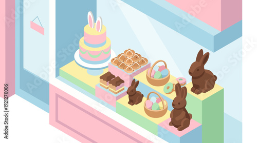 Isometric easter bakery shop window display, sweet shop interior with chocolate bunny cake and hot cross buns vector