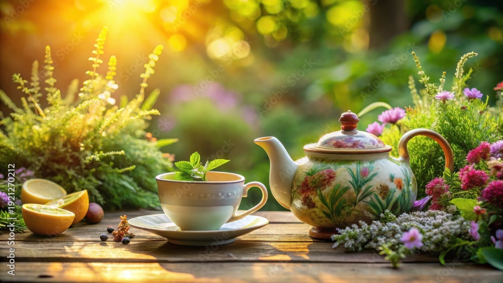 Fototapeta premium Serene outdoor tea ritual with herbal infusions, sunlight illuminating a tranquil scene