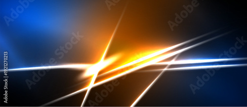 Abstract energy lines intersect. Bright orange, blue hues dominate dark background. Dynamic composition suggests speed, power.