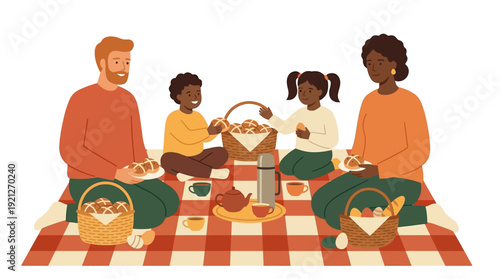 Diverse family enjoying spring easter picnic, parents and children eating hot cross buns outdoors vector