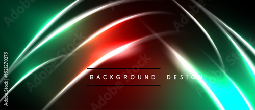 Abstract neon lines create dynamic red, green glow. Dark background emphasizes bright curves, modern design element.