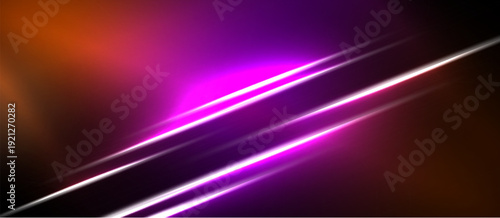 Abstract vibrant lines intersect dark background. Orange, purple hues create dynamic visual effect. Brightness contrasts sharply with shadows.