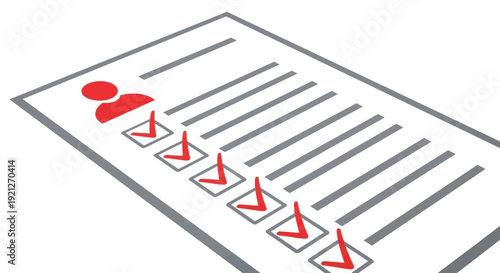 This clean graphic design depicts a fully completed checklist or personal profile form, with a red human icon and all tasks successfully marked by prominent red checkmarks.