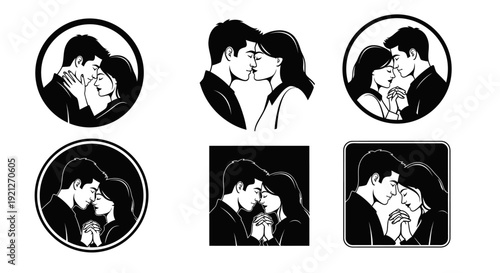 Set of black and white romantic couple portraits in circles and squares, showing tender affection and close moments on an isolated white background.