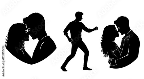 Romantic couple silhouettes displaying love and affection, with a man and woman kissing, hugging, and dancing on an isolated white background.