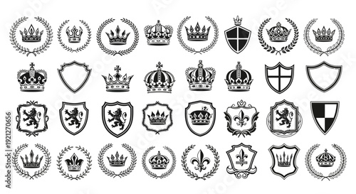 Collection of heraldic crowns, shields, and laurel wreaths in black and white, symbolizing nobility and victory, on an isolated white background.