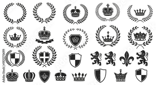 Monochromatic Collection of Heraldic Crowns, Laurels, Shields, Lions, and Fleur-de-lis on Isolated White Background.