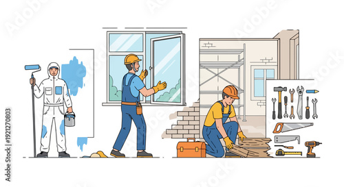 House Renovation and Construction Process with Professional Builders and Various Repair Tools. Workers Painting Walls, Installing Windows, and Laying Flooring. Home Improvement Services.