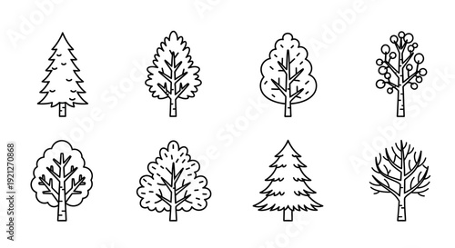 Set of Diverse Tree Outlines and Silhouettes Line Art Isolated on a White Background