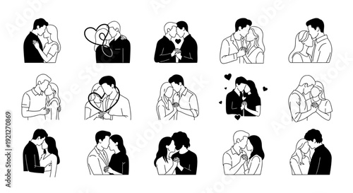 Collection of Romantic Couples Showing Affection and Love Line Art Isolated on a White Background