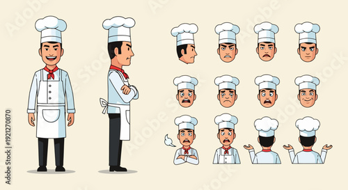 Cartoon Professional Chef Character with Various Facial Expressions and Body Poses Vector Set
