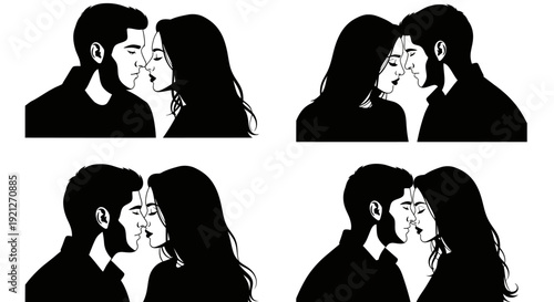 Close-up of Loving Couples Kissing and Embracing in Romantic Black and White Illustrations