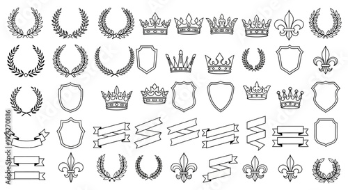 Decorative Set of Heraldic Elements Crowns Wreaths and Shields Line Art on an Isolated White Background