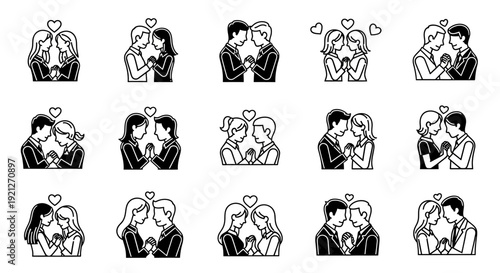 Set of People in Various Emotional and Relational Interactions Line Art Isolated on a White Background