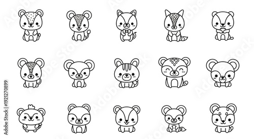 Set of nine cute cartoon animal faces with different expressions, featuring adorable bear, fox, and raccoon characters isolated on a white background.