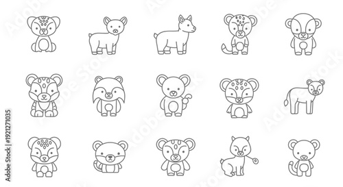 Cute set of baby animal outline icons for children, including various mammals and cartoon characters, isolated white background.