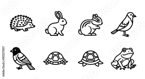 Set of various simple outline animal icons including hedgehog, rabbit, bird, turtle, and frog, isolated white background.