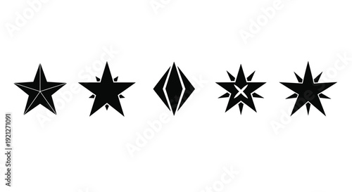 Five distinct black geometric vector shapes and unique star designs, including an abstract diamond-like symbol, isolated on a white background, useful for modern branding.