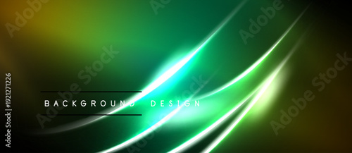 Abstract green background features bright neon lines. Design includes gradients, dark borders, text elements. Modern, vibrant visual.