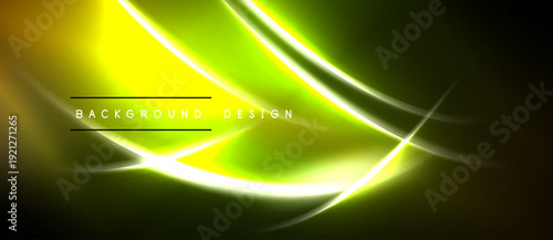 Bright neon lines form abstract curves, gradients. Dark background emphasizes vibrant yellow, green hues. Modern design element.