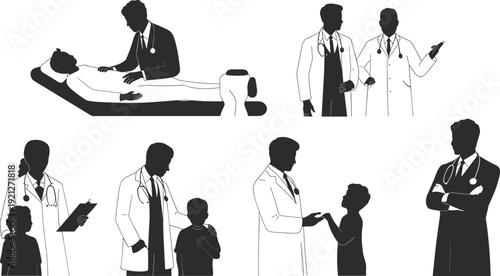 Medical Professional Silhouette Set Featuring Doctors Examining Patients Pediatric Care Consultation Child Healthcare Hospital Staff Stethoscope Male Female MD And Clinical Therapy Wellness