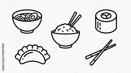 A minimalist black and white illustration of various Japanese and East Asian dishes, including ramen, rice, sushi, and dumplings, along with chopsticks.