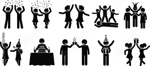 Black birthday party silhouette set with people celebrating, dancing, giving gifts, eating cake and throwing confetti for happy event designs,