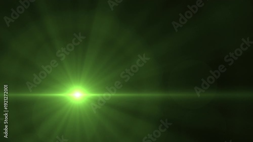 Striking Optical Lens Flare Transition, Bright green light flares and beams emanate from a central point against a dark background ideal for sci-fi visuals.