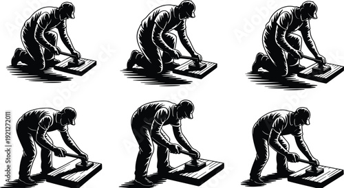 Professional Carpenter Silhouette Set Featuring Woodworkers Using Hand Tools On Wood Planks For Construction Carpentry Woodworking Craftsmanship Manual Labor Workshop And DIY Projects