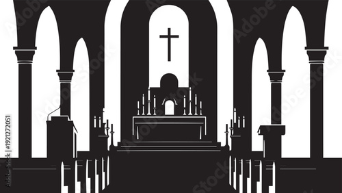 Interior church sanctuary silhouette with altar cross and candles vector illustration