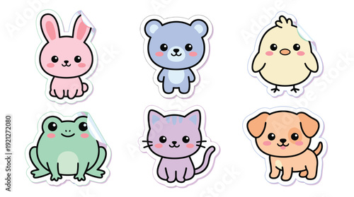 A collection of six adorable, kawaii-style cartoon animal stickers, featuring a pink bunny, a blue bear, a yellow chick, a green frog, a purple cat, and a tan puppy.
