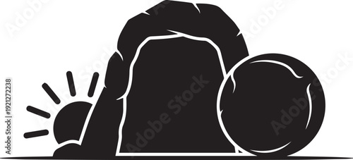 Open empty tomb with rolled away stone and rising sun black vector silhouette line art illustration