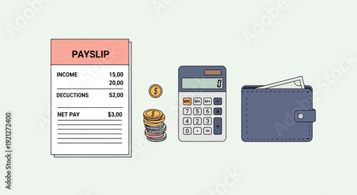 Personal Finance Concept Vector Illustration with Payslip, Calculator, Coins, and Wallet