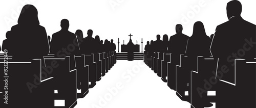 Silhouette of people sitting in church pews facing altar during religious service