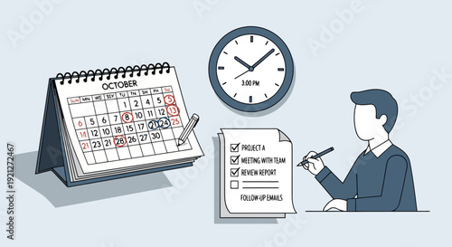 Time Management and Productivity Concept with Person Organizing Tasks, Calendar, Clock, and To-Do List