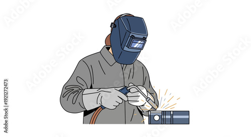 Vector illustration of a person welding metal with protective mask and gloves, generating sparks. Industrial worker performing fabrication in a workshop with specialized equipment.