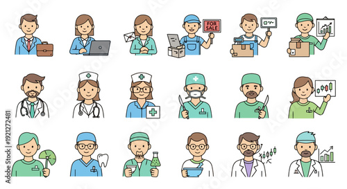 Diverse Professional Avatars Set: Business, Healthcare, Science, and Finance Occupations
