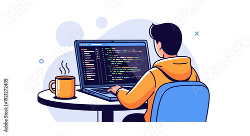 Programmer Coding on Laptop with Coffee Mug at Desk. Software Developer Working on Project. Modern Vector Illustration of Web Development and IT Technology.