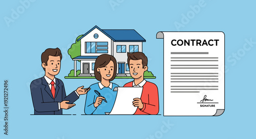 Real estate agent helping a happy couple sign a property purchase contract, symbolizing home buying and new ownership agreement.