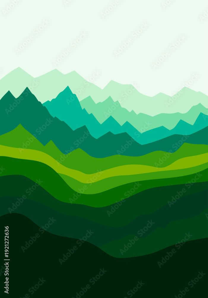 Obraz premium Serene Vector Illustration of Stylized Mountain Range with Abstract Green Layered Peaks and White Sky in a Modern Minimalist Style