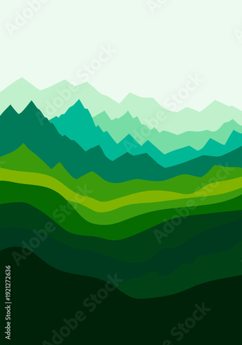 Serene Vector Illustration of Stylized Mountain Range with Abstract Green Layered Peaks and White Sky in a Modern Minimalist Style