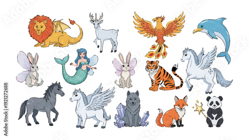 Enchanting Mythical Creatures: An assortment of whimsical creatures like mythical animal, dragon, unicorn, phoenix, and fairy, invites you to a realm of imagination and fantasy.