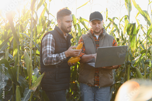 Φωτογραφία Farmers analyzing corn yield with laptop technology