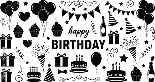 Black birthday party silhouette set with cake, balloons, gifts, party hats and fireworks, festive celebration icons for happy birthday design,