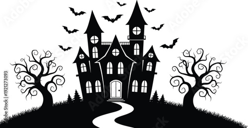 Black silhouette of a haunted house with bats and spooky trees on a hill, halloween background for scary party invitation,