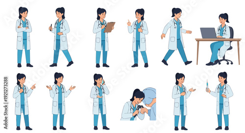 Female Doctor Character Cartoon Poses and Actions Set - Medical Professional Woman with Stethoscope and Tools in Various Situations