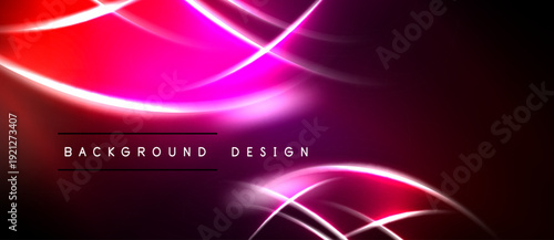 Abstract neon lines create vibrant background. Pink, red hues dominate dark space. Modern design element.